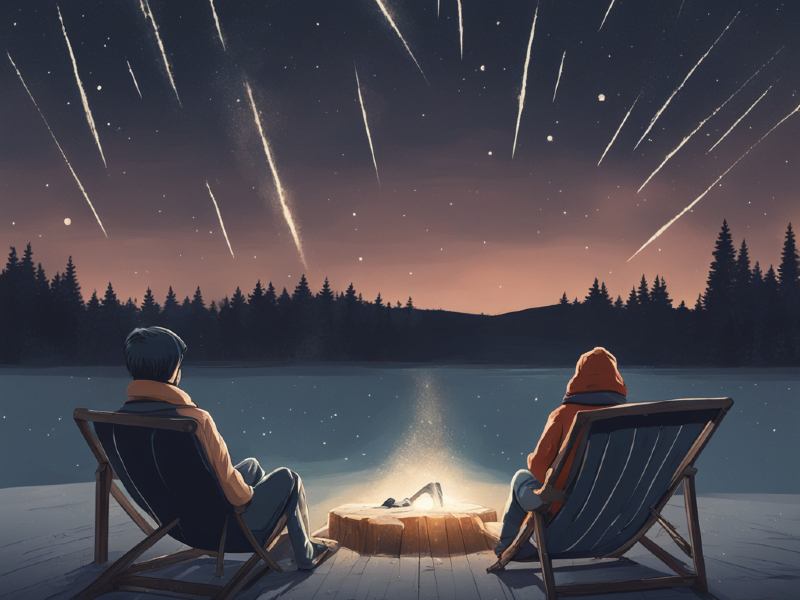 An illustration of two people in warm clothes watching a meteor shower across a snowy field whilst sitting in deck chairs.